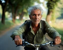 AI generated Senior male on bicycle, active seniors lifestyle images photo