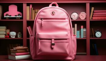 AI generated Pink backpack and school supplies, educational photo