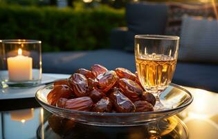 AI generated A simple dates served with a side of water, eid and ramadan images photo