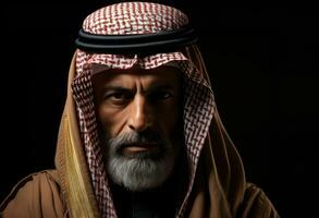 ai generado inflexible saudi hombre confronta el abismo con inquebrantable resolver, eid y Ramadán imágenes foto