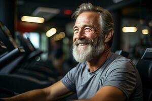 AI generated Happy senior enjoying gym equipment, diverse active seniors pictures photo