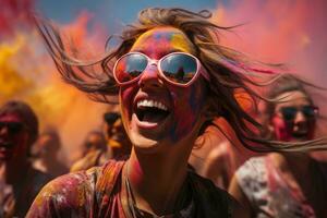 ai generado vistoso pique dinámica energía en holi polvo nubes, holi festival imágenes en India foto