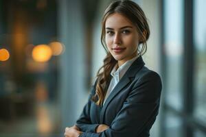 AI generated A confident lady in a business suit sealing a deal with a handshake in the office, business meeting image photo