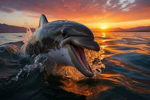 ai generado majestuoso delfín saltos desde mar, amanecer y puesta de sol fondo de pantalla foto