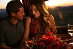 AI generated Couple scenic dinner soaring in a hot air balloon, valentine, dating and love proposal image photo