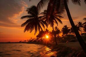 AI generated A spectacular sunset envelops the palms, relaxing summer scene photo