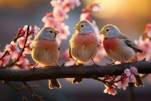 ai generado aves en radiante puesta de sol en florecer sucursales, primavera sesión fotos