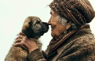 AI generated Old lady hold adorable puppy on white background, pet photography photo