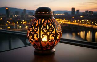 AI generated Urban ambiance captured in a glowing oval lantern against the city lights, eid and ramadan images photo
