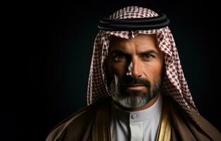 AI generated Middle eastern man showcases traditional dress on grey background, eid and ramadan images photo