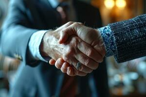 AI generated A successful business agreement captured in a handshake at a meeting, business meeting image photo