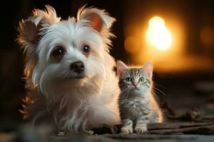 ai generado pequeño blanco gato y perrito juntos en un pose, linda Doméstico mascota imagen foto