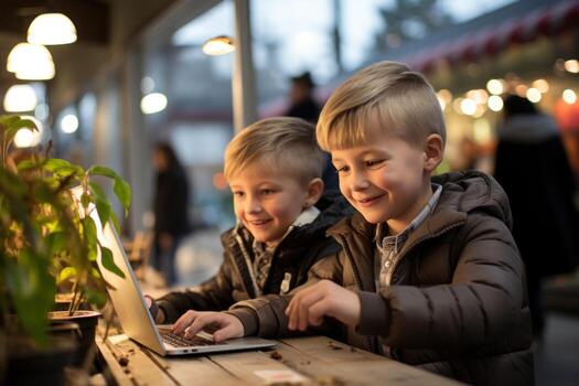 AI generated Kids using laptops happily watching an animation together, educational photo