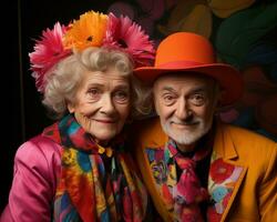 AI generated Elderly couple dressed in colorful, active seniors lifestyle images photo