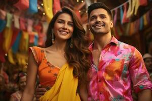 AI generated Couple dances gleefully in vibrant and colorful outfits, valentine, dating and love proposal image photo