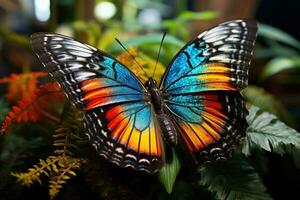 ai generado un mariposa descansa en verde hojas naturaleza equilibrio acto, Vamos verde imágenes foto