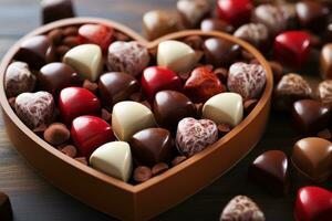 ai generado corazón chocolates formando un rompecabezas reflejando el belleza de amar, enamorado, Fechado y amor propuesta imagen foto