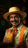 AI generated Man enjoying an orange drink with stylish straw, relaxing summer scene photo