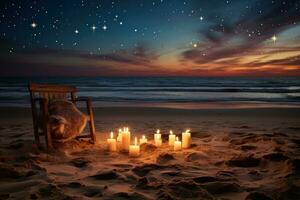 AI generated Beach bonfire scene with sand candles casting a warm nighttime glow, valentine, dating and love proposal image photo