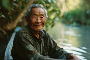 AI generated Senior man enjoy canoe ride, active seniors lifestyle images photo