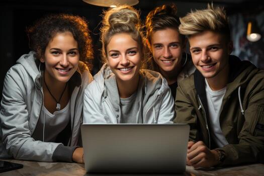 AI generated Group of young people sitting on a white canvas busy using laptops for work and leisure activities together, education pictures for website photo