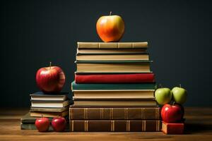 AI generated Books with a juicy apple on the top, diverse education and teachers day image photo