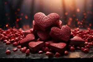 AI generated Heart chocolates materialize from a surreal mist casting an otherworldly aura, engagement, wedding and anniversary image photo