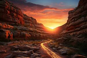 AI generated Rich colors adorn canyon evening glow, sunrise and sunset wallpaper photo