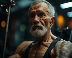 AI generated Strong senior man in the gym, images of senior citizens photo