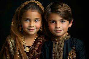 AI generated Siblings showcasing love in traditional attire, eid and ramadan images photo