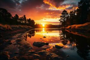 AI generated Sunset mirage tranquil waters at dusk, sunrise and sunset wallpaper photo