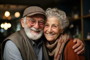 ai generado Pareja disfrutando Jubilación en hogar, activo personas mayores estilo de vida imágenes foto