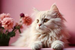 AI generated Cute Persia white cat long fur on pink background. AI Generated photo