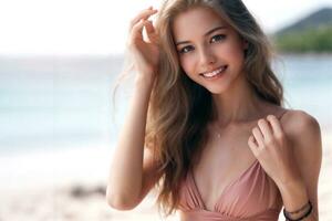 AI generated teenage girl wear swimsuit smiling near the beach photo