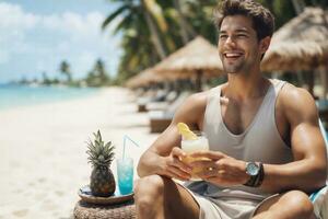 ai generado un hombre sostener refresco en su mano sentado cerca el playa con Copiar espacio foto