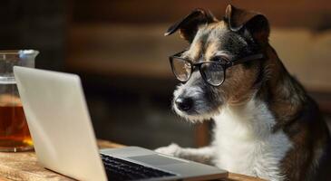 ai generado un perro vistiendo lentes mira a un ordenador portátil en frente, animal fotografía fotos