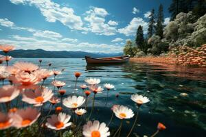 AI generated Sailboat serenity blending poppy beauty with tranquil waters, spring session photos