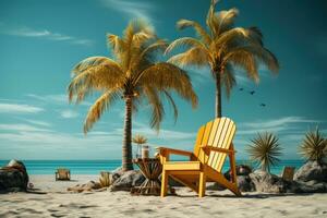 AI generated 3d modeled palm tree and animated chair unveiling tropical vibes, summer landscape image photo