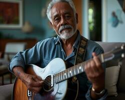 AI generated Elderly man playing guitar at home, diverse active seniors pictures photo
