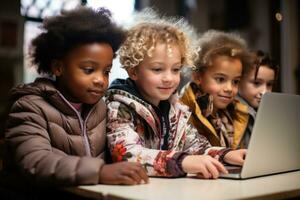 AI generated Four children gathered around a laptop captivated by the screen exploring and learning together with excitement, education pictures for website photo