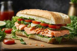 AI generated Fresh healthy salmon sandwich with lettuce and cucumber on vintage chopping board on black stone background. Breakfast snack. Fresh tomatoes, dill and lemon. photo