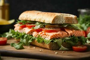 AI generated Fresh healthy salmon sandwich with lettuce and cucumber on vintage chopping board on black stone background. Breakfast snack. Fresh tomatoes, dill and lemon. photo