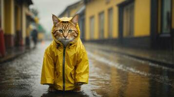 ai generado mojado extraviado triste gatito en un calle en un lluvia foto