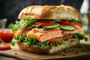 AI generated Fresh healthy salmon sandwich with lettuce and cucumber on vintage chopping board on black stone background. Breakfast snack. Fresh tomatoes, dill and lemon. photo