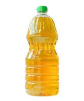 Yellow cooking vegetable oil in medium plastic bottle isolated on white background with clipping path photo