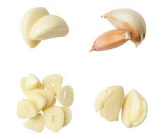 Top view set of peeled garlic cloves and slices isolated on white background with clipping path photo