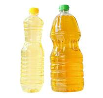 Two bottle of vegetable oils in set isolated on white background. Top view and flat lay photo