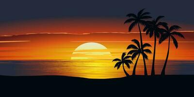 Beautiful dramatic sunset in the beach with palm trees in silhouette vector