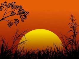 Vector sunset background with big sun and silhouette of trees and grass