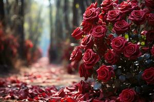 AI generated An inviting passage of red roses setting the stage for a romantic adventure, valentine, dating and love proposal image photo